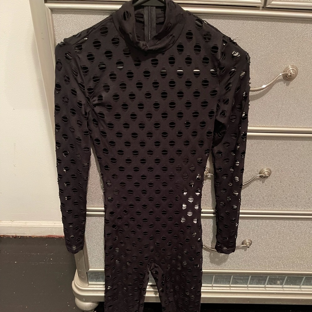 Black See Through Zipper Jumpsuit Women Turtleneck Net